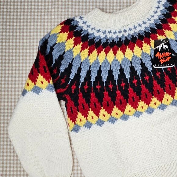 Vintage Lillunn Bold Fair Isle Norse Hand Knit Wool Pullover Long Sleeve Sweater - Picture 5 of 12